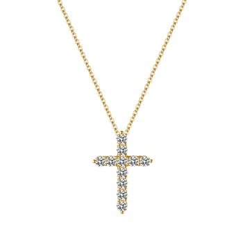 Ожерелье с муассанитовым крестом из серебра 925 пробы с покрытием из 14-каратного золота Цепочка для ключиц Иисус Кулон Ювелирные изделия для ожерелья