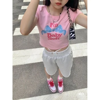 Корейский новый приталенный короткий топ, женский Летний принт с бантом, Летняя универсальная футболка с милым принтом на Хай-стрит, Женская футболка с коротким рукавом