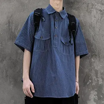 Японская Полосатая Мужская рубашка Поло из Ледяного Шелка С коротким Рукавом M-4XL Ins Ruffian, Красивый Американский Ретро-топ, Летняя мода 50-150 кг