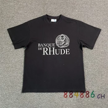 Черная винтажная футболка Rhude, мужские и женские футболки с логотипом банка высокого качества, футболки с коротким рукавом