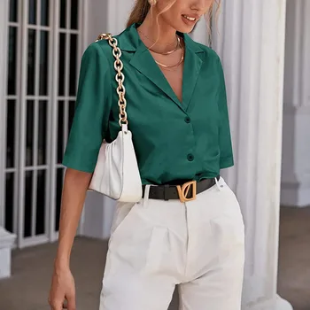 Летняя модная женская блузка 2022 года с V-образным вырезом, однобортный воротник с лацканами на пуговицах, летняя рубашка с коротким рукавом