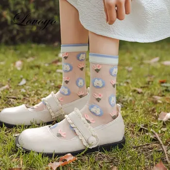 2023 Милые женские хрустальные шелковые носки с цветочным принтом, кружевные носки в стиле ретро в стиле харадзюку, Женские Летние ультратонкие Прозрачные Стеклянные шелковые носки
