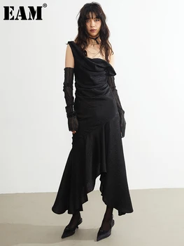 [EAM] Женское Черное Длинное Элегантное платье с повязкой на спине, Новый Круглый вырез, без рукавов, Свободный крой, Мода Весна-Лето 2023 1DF7544
