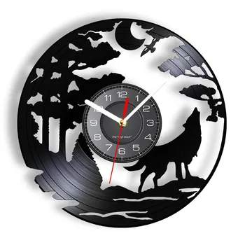 Воющий Волк на Луну Настенный Арт-декор Настенные часы Виниловая пластинка Настенные часы Дикая природа Лесной Волк Настенная вывеска Виниловая пластинка Часы