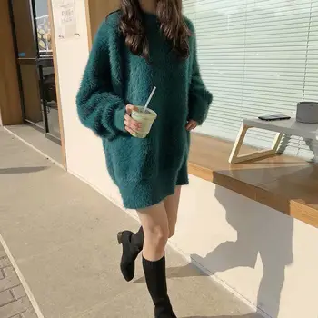Винтажный вязаный Женский свободный свитер с длинным рукавом 2022, осень-зима, Корейский повседневный Элегантный трикотаж, Тонкое Шикарное платье-свитер A94