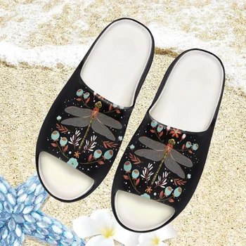 Необычные женские летние тапочки со стрекозами и цветами, пляжные тапочки, повседневные сандалии на платформе, слайды для помещений и улицы