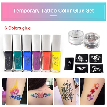 Набор из 6 цветных татуировок для рисования, Конденсирующий жидкий клей-гель 10 мл /флакон для временной татуировки с 5шт трафаретами