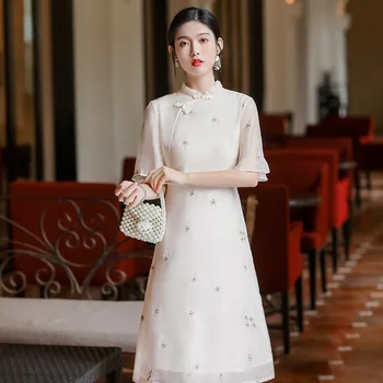 Улучшенная мода, простая девушка, молодая, Ao Dai cheongsam в стиле колледжа, фея-веер, вышитое платье Tencel cheongsam