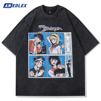 Мужская винтажная черная футболка оверсайз, уличная одежда, футболка с графическим принтом аниме для девочек, повседневные топы Harajuku, летние футболки с коротким рукавом