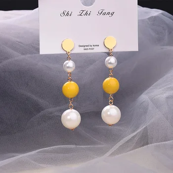 Круглые серьги желтого цвета для женщин, корейская мода, трехслойная имитация жемчуга, длинные висячие серьги pendientes mujer