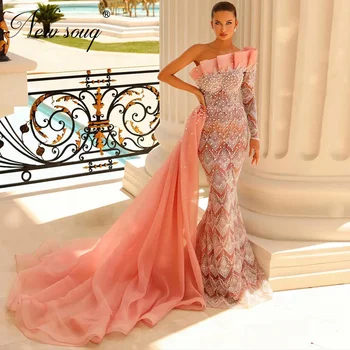 Уникальный дизайн, вечерние платья Русалки с жемчугом на одно плечо, вечернее платье с пышными пайетками, Длинные платья для выпускного вечера для свадеб 2023