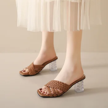 Женские мюли 2023, Летняя обувь больших размеров, Модные женские тапочки на высоком каблуке с квадратным носком, Прозрачные женские туфли-лодочки на массивном каблуке