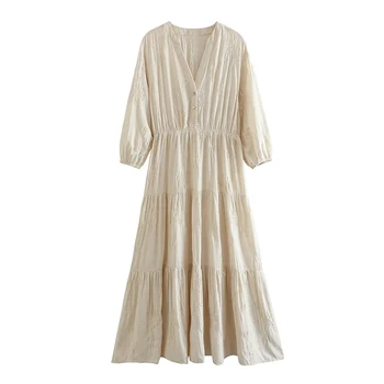 YENKYE 2023, женское модное платье с V-образным вырезом и цветочной вышивкой, винтажное платье с пышными рукавами и эластичной талией, женские повседневные платья Миди трапециевидной формы.