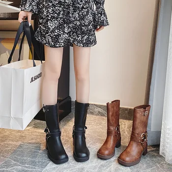 Модные женские ботинки-ковбойки в стиле Вестерн с застежкой-молнией сзади, длинные пинетки, осенне-зимние женские туфли на низком каблуке