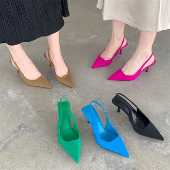 Новинка весны 2023 года, тонкие туфли на среднем каблуке-шпильке с острым носком, босоножки с ремешком на щиколотке, зеленые женские туфли на высоком каблуке