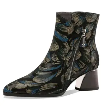 Весна-осень, новые модные женские короткие современные ботинки из натуральной кожи на толстом высоком каблуке с острым носком и цветочным принтом, 2210