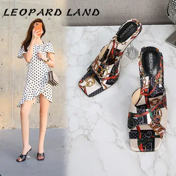 LEOPARD LAND, летние модные туфли ярких цветов с кристаллами, на высоком каблуке, большого размера, с открытым носком, женские сандалии с принтом 