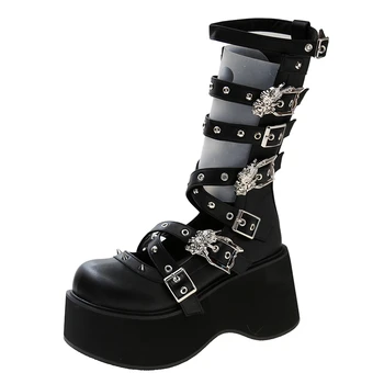 Черные сексуальные женские высокие сапоги для косплея, зимние кожаные рыцарские ботинки в стиле панк, готика, классические черные туфли на высоком каблуке до колена
