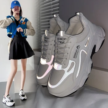 2023 Новые весенние кроссовки для бега, женская обувь на плоской подошве с перекрестным кружевом, Дышащие кроссовки для бега с толстым дном, Вулканизированная обувь
