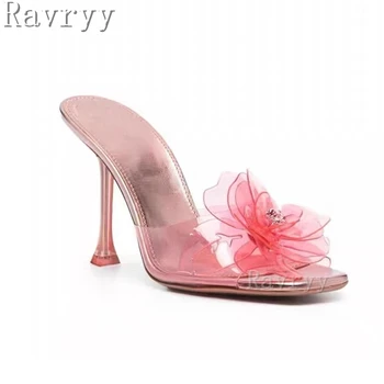 Розовые Прозрачные тапочки с бриллиантовым цветком из ПВХ, Босоножки на высоком каблуке с квадратным носком, Летние Пикантные Брендовые Модельные туфли, женские
