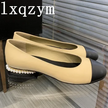 2022 Новая модная женская обувь с круглым носком, разноцветная женская обувь из натуральной кожи с жемчужной цепочкой, роскошный дизайн, Обувь на низком каблуке