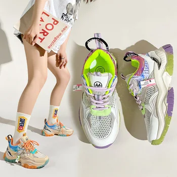 Женская обувь на платформе с цветными блоками, Весна-лето 2023, Новые выдолбленные кроссовки с дышащей сеткой, увеличивающие рост, женские кроссовки Tenis