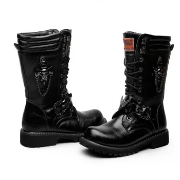 2023 рост 29,5 см, Мужские Высокие Армейские мужские ботинки на шнуровке с цепочкой, Мужская Мотоциклетная обувь в стиле Панк С металлической пряжкой, Мужская Рок-обувь