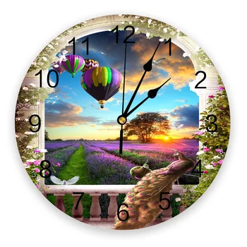 Красочный Павлин, воздушный шар, Лавандовые настенные часы, домашний декор, Бесшумные часы в спальне, цифровые часы, настенные часы для детских комнат
