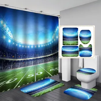 Комплект спортивных занавесок для душа из 4ШТ, спортивный декор ванной комнаты для чемпионата по американскому футболу на 50 ярдов, нескользящий коврик для ванной