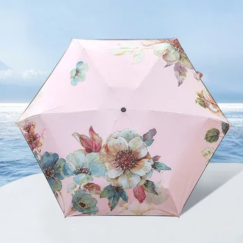 Винтажные потертые женские зонты от дождя с цветочным принтом, шикарный складной мини-зонт для девочек с пятью розами