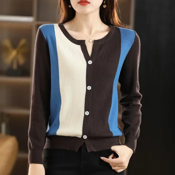 Женский свитер, кардиган, свитер с круглым вырезом, толстый свитер контрастного цвета, осень 2023, простой модный топ, женское пальто с длинным рукавом, кардиган