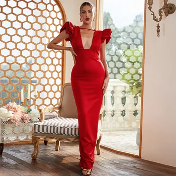 Новые красные Сексуальные женские платья для выпускного вечера с коротким рукавом и V-образным вырезом, сексуальное облегающее платье Макси с открытой спиной, Коктейльные вечерние платья Vestidos