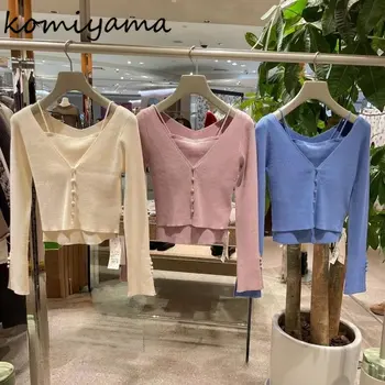 Кардиган Komiyama с V-образным вырезом и разрезом, пальто с длинным рукавом + вязаный жилет Feminino, Элегантные комплекты свитеров, весенние женские наряды из двух частей 2023 года.