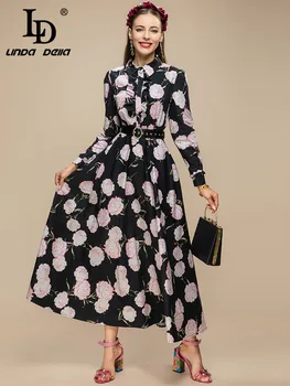 LD LINDA DELLA / Новое Весеннее модное платье Миди для подиума 2023 года, женское винтажное платье с цветочным принтом и длинным рукавом для вечеринок