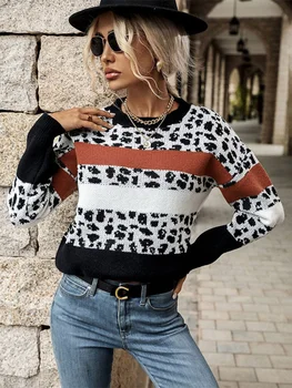 LiTi новинка 2022, модный женский жаккардовый леопардовый свитер с длинными рукавами, женская осенняя одежда