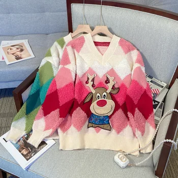 Осень-Зима, Рождественский Вязаный свитер с вышивкой Оленя из овечьей шерсти, Женский пуловер с V-образным вырезом