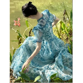Модные богемные платья для женщин 2023, Синее французское пляжное платье с заворачивающейся талией и рукавами-пузырями, Милое женское летнее платье