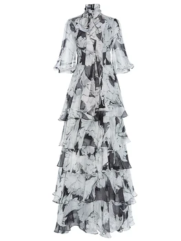 Sweetsince Платье для торта, весенне-летнее женское длинное платье с оборками, открытой шнуровкой, принтом и высокой талией, уникальное роскошное дизайнерское платье 2023 года выпуска