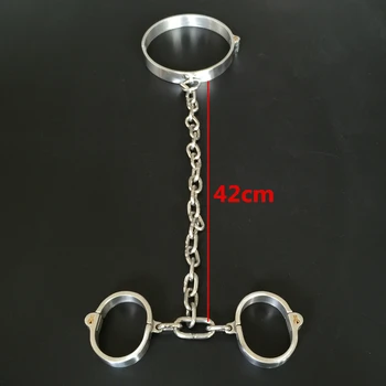 2020 Новый Шейный ошейник из нержавеющей стали с замком, наручники с цепочкой, манжеты для рук, Удушающее кольцо, удерживающие фетишистскую секс-игрушку SM для женщин