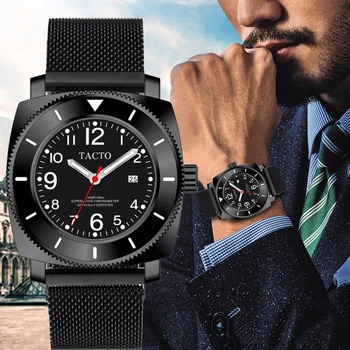 2021 Спортивные часы TACTO для мужчин, лучший бренд класса люкс, военные часы, черные сетчатые стальные кварцевые модные наручные часы, водонепроницаемость 50 м