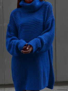 Женское платье-свитер с разрезом и высоким воротом, Свободный повседневный пуловер с длинным рукавом, Женские свитера, осень-Зима 2023, Новые однотонные платья.