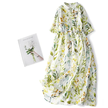 Limiguyue Винтажное платье с цветочным принтом в литературном стиле, Женское Хлопковое Льняное Летнее платье с коротким рукавом и высокой талией на шнурке, Длинные платья U611