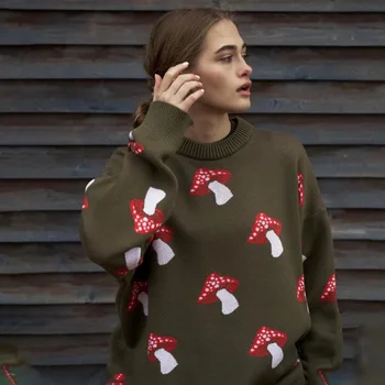 Свободный свитер с принтом грибов в стиле бойфренда, американское ретро, круглый вырез, длинный рукав, Осень-зима 2023, теплый топ для женщин