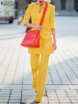 ZANZEA Офисный женский топ и брюки из 2 предметов, женская длинная блузка с квадратным вырезом и коротким рукавом, спортивный костюм, Комплекты брюк с эластичной резинкой на талии