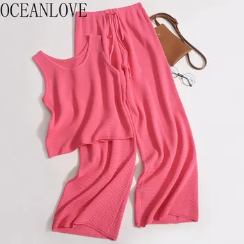Комплекты брюк OCEANLOVE, вязаный весенне-летний корейский модный комплект из двух предметов для женщин, милые простые базовые панталоны