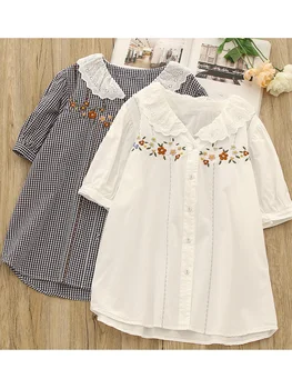 Рубашка с коротким рукавом в полоску с цветочной вышивкой, хлопковая блузка Mori Girl Лето 2023 г.