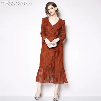 Женское Элегантное кружевное платье с рюшами TESSCARA, женское Винтажное Дизайнерское вечернее платье, Высококачественное Офисное Длинное платье в стиле ретро, Женское платье