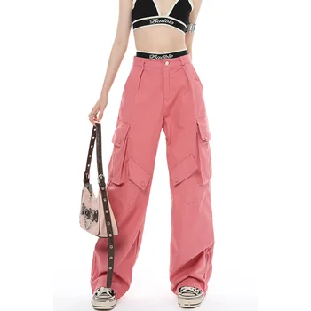 Женские Розовые брюки-карго с высокой талией, Винтажные Y2K, модные Мешковатые прямые Широкие брюки для уборки улиц, Женские Летние брюки
