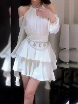 Летнее женское белое платье 2023 года с длинными рукавами и вырезом на шее, Корейская мода, нерегулярные подтяжки, Шикарный дизайн, многоуровневые короткие платья