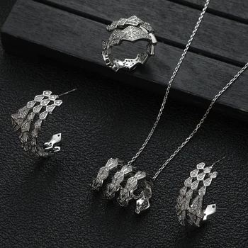 Роскошное ожерелье с тройным кольцом неправильной формы, серьги типа C, Обручальное кольцо с кубическим цирконием, Набор свадебных украшений в Дубае S473
